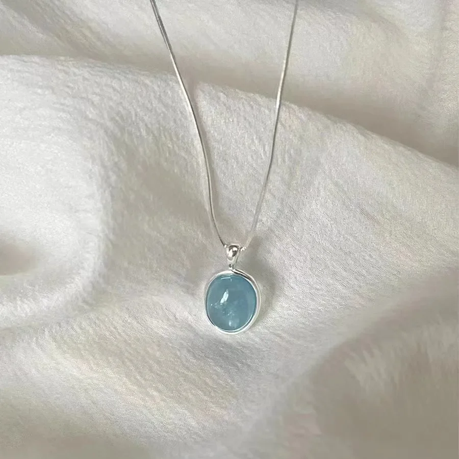 S925 Aquamarine Pendant Sterling Silver Necklace Women's Premium Sense Does Not Fade Summer ins Versatile Light Luxury Niche