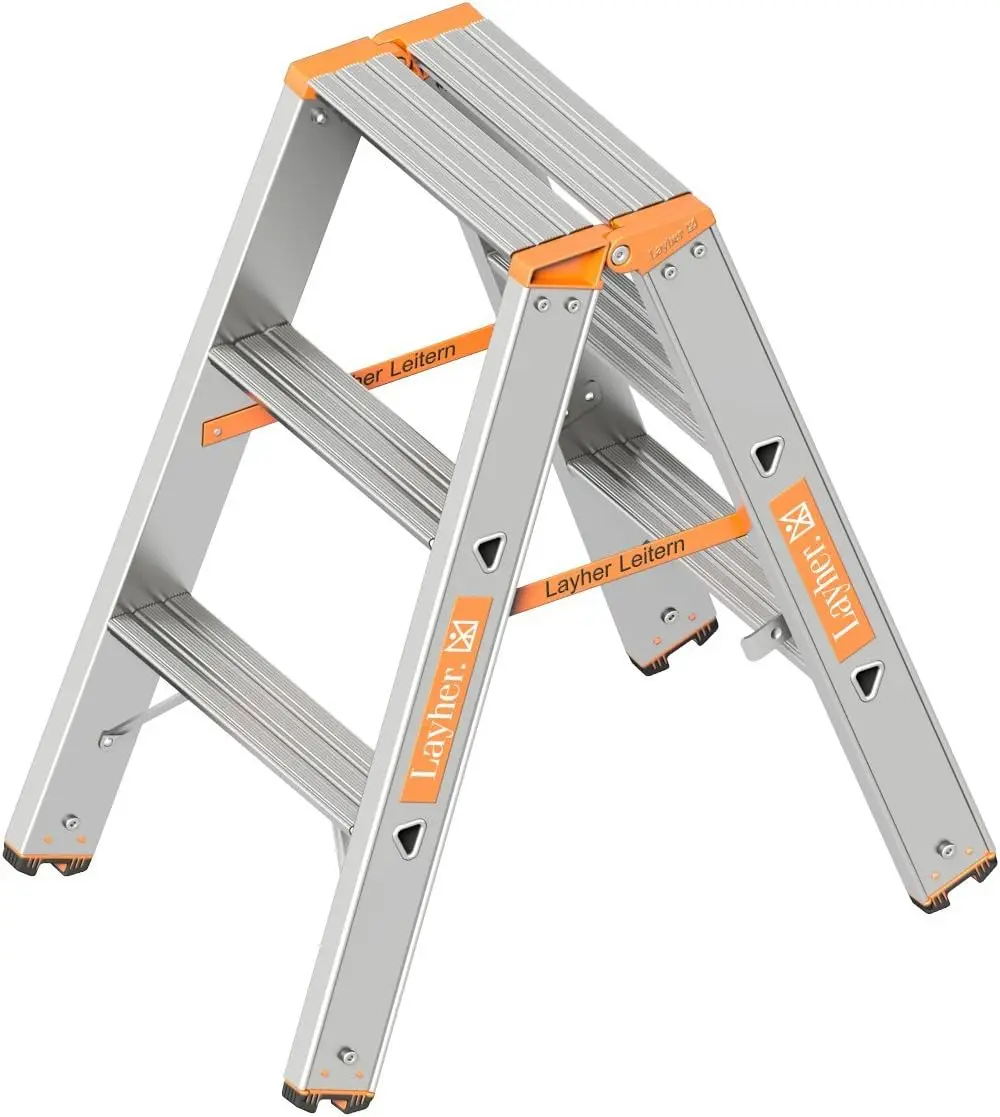 1043003 Stufenstehleiter Topic, Aluminiumleiter 2x3 Stufen 80 mm breit, beidseitig begehbar, klappbar, Länge 0,75 m