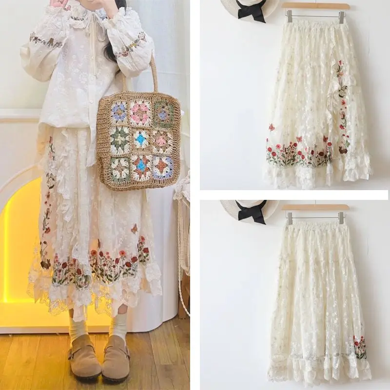 Flower Embroidery Cotton Linen Skirts Women Spring Summer Japanese Style Mori Girl Elastic Waist Loose Lace A-line Skirt