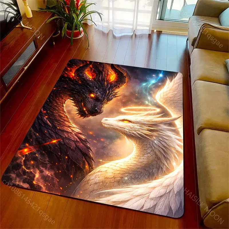 Fiery black dragon versus angelic white dragon Print Carpet for Living Room Bedroom Sofa Home Decor Non-slip Mat Luxury Gift