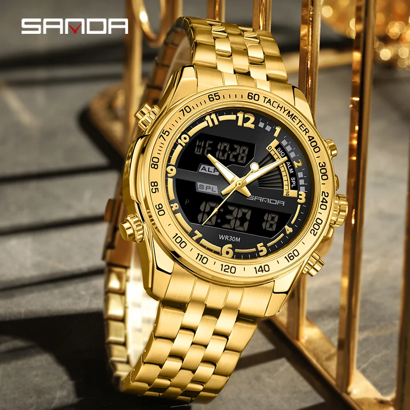 SANDA Top Luxury Men Quartz Watches Fashion Casual Sport LED Electronic Luminous Dual Display Waterproof Men Business Watches