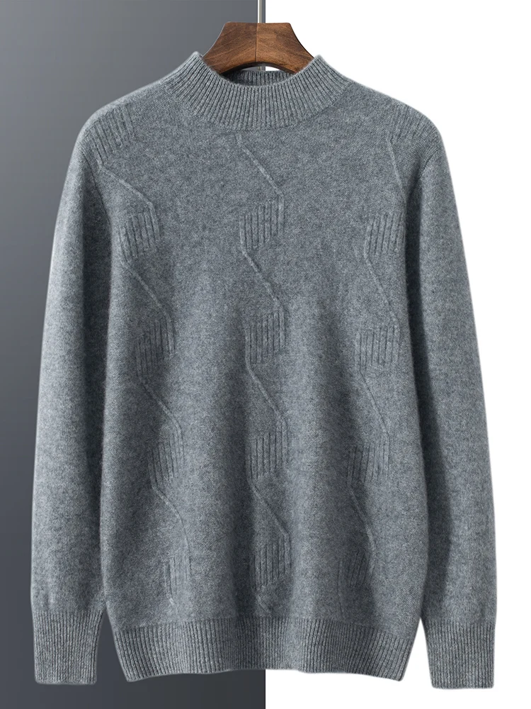2025 New Men's 100% Cashmere Sweater Ripple jacquard Thick Mock Neck Pullover Autumn Winter Knitwear Smart Casual Soft Warm Tops