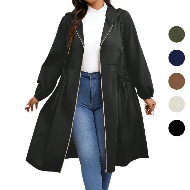 FINJANI plus Size Hooded Jacket Drawstring Zip up Winter Outerwear for Pear Shaped Women Big Size Ladies Fashion