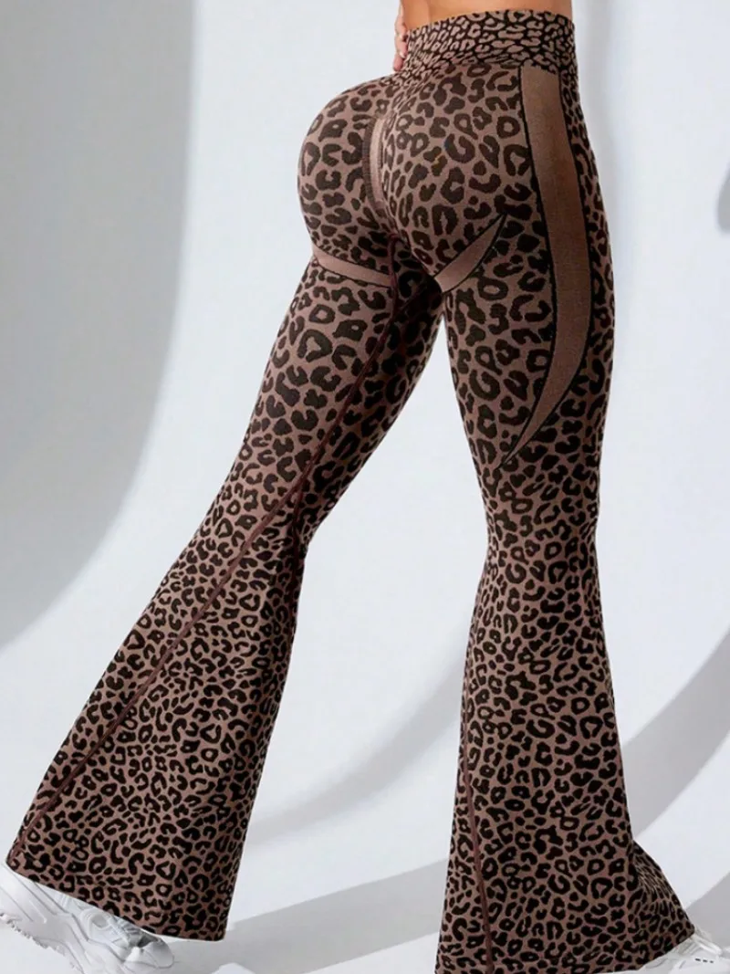 Woman Clothes Leopard Print Flare Pants Casual High Waist Yoga Fitness Trousers Female Slim Running Tights Sports Gym Leggings