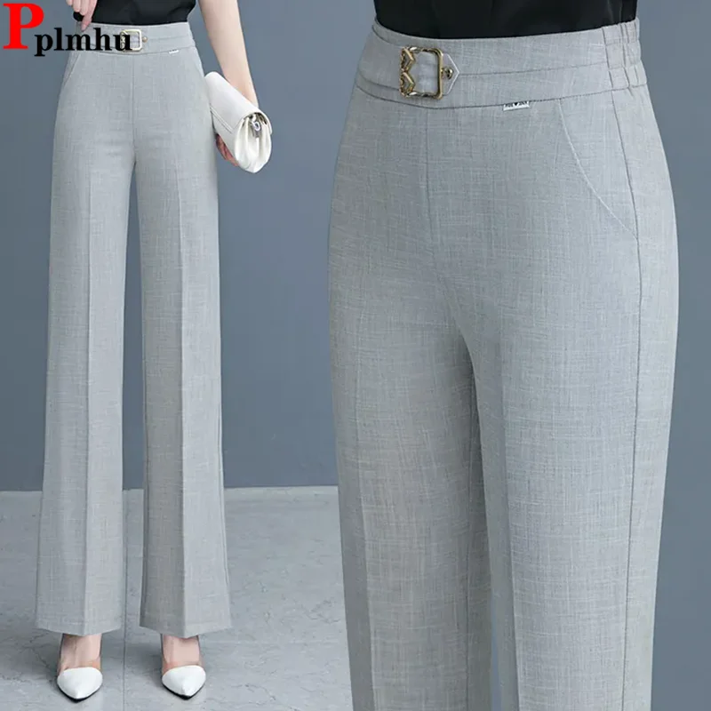 

Spring Fall Loose Straight Pants Women Casual High Waist Wide Leg Pantalones Korean Fashion Classic Solid Cotton Linen Calca New