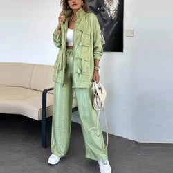 Elegant Casual Single Breasted Lapel Shirt Coat & Work Pants Sports Suit Women's Retro Loose Large Pocket Solid Color Set 2025