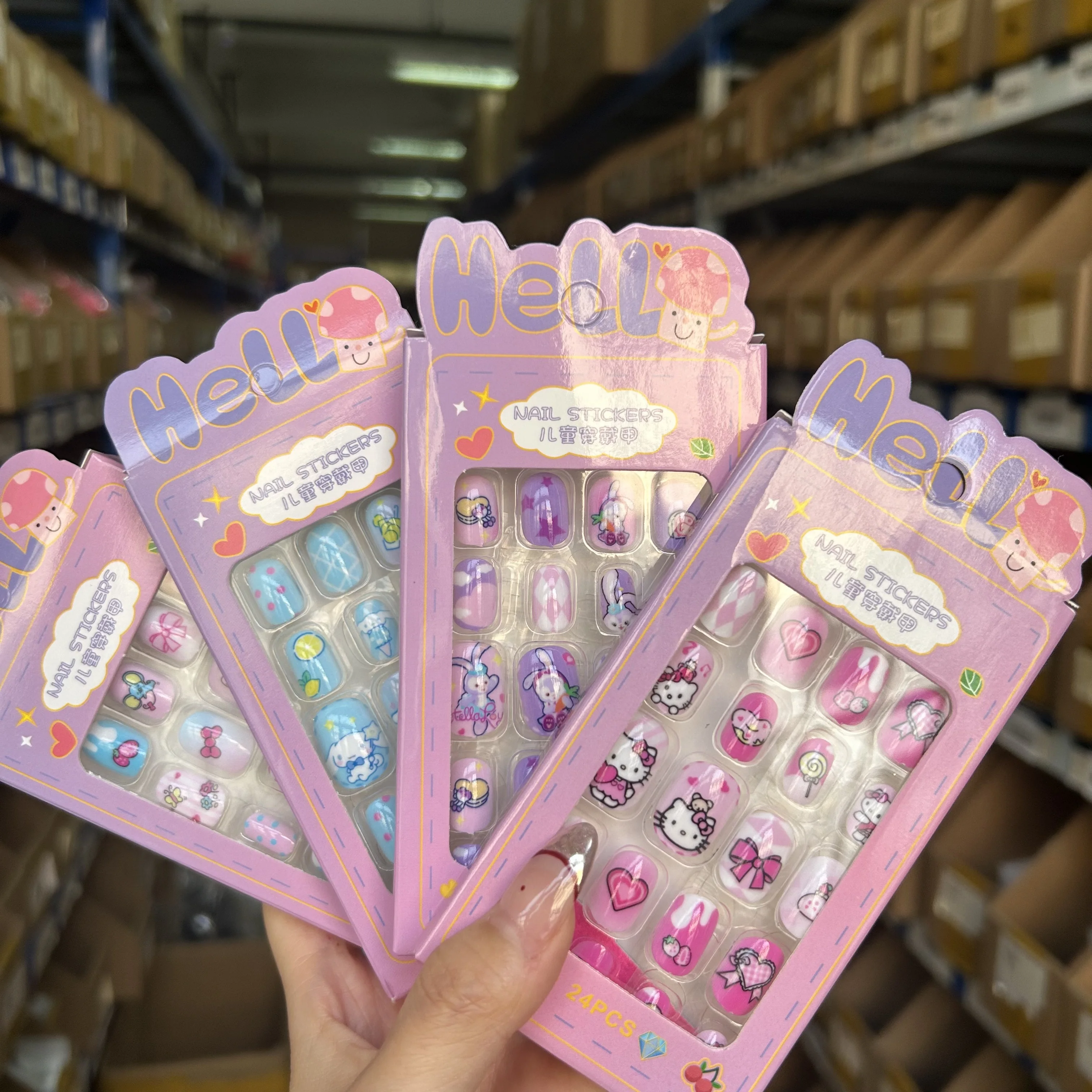 24pcs/Box Kawaii Hello Kitty Child False Nails Purple Kuromi Melody Short Square Press On Nails Full Cover Girls Manicure Gifts