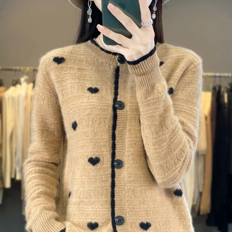 Hot selling new cardigan women\'s 100 Australian wool sweater fashionable knitted jacket cardigan women\'s O-neck wool sweater