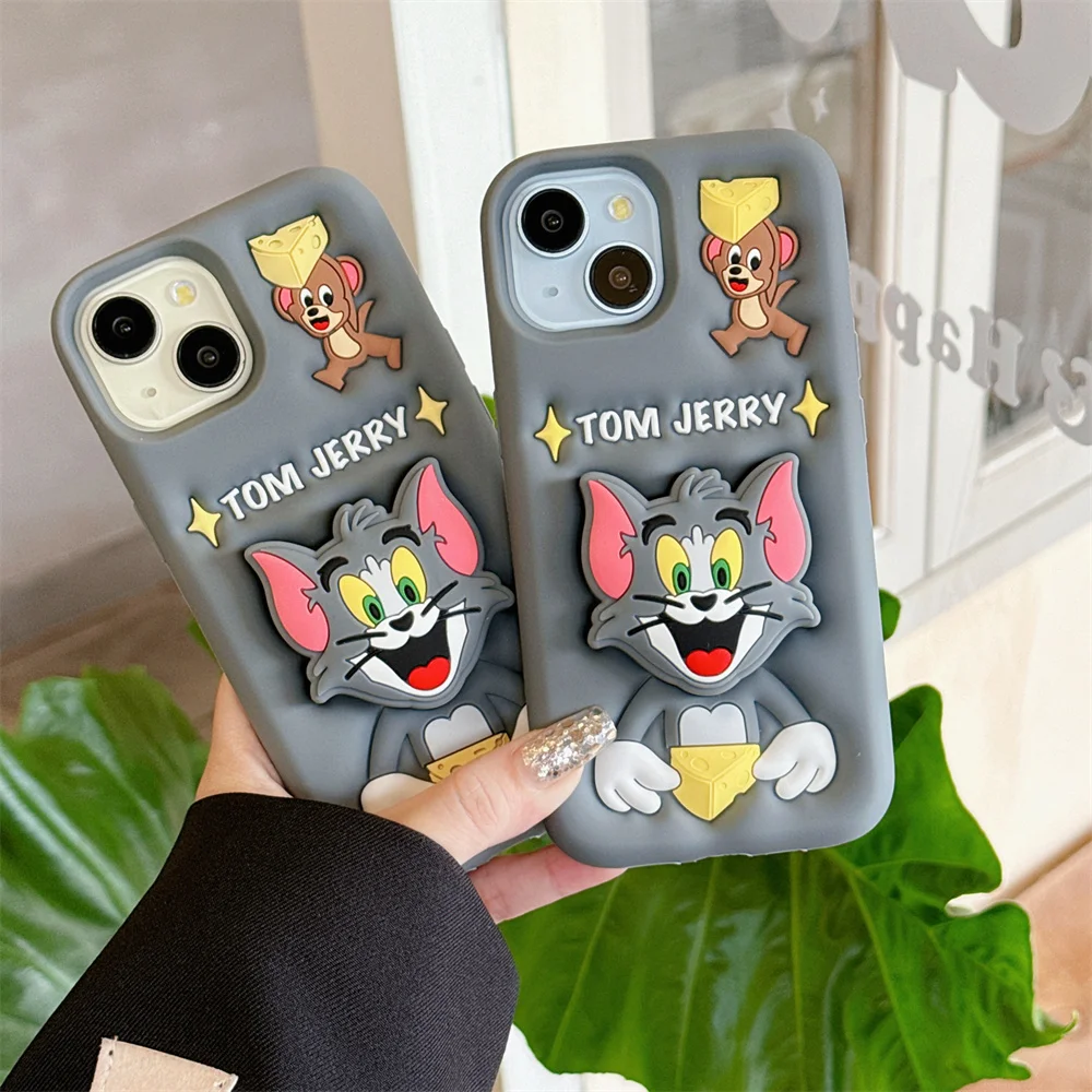 Kawaii 3D Cartoon Tom Jerry Phone Cases For iPhone 16 Pro Max 15 14 Plus 13 12 Pro Max 11 Tom Holder Y2k Soft Silicone Cover