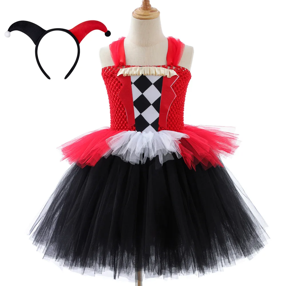 Halloween Masquerade Party School Stage Performance Role Play Black and White Plaid Circus Clown Tulle Dress With Headband Wear