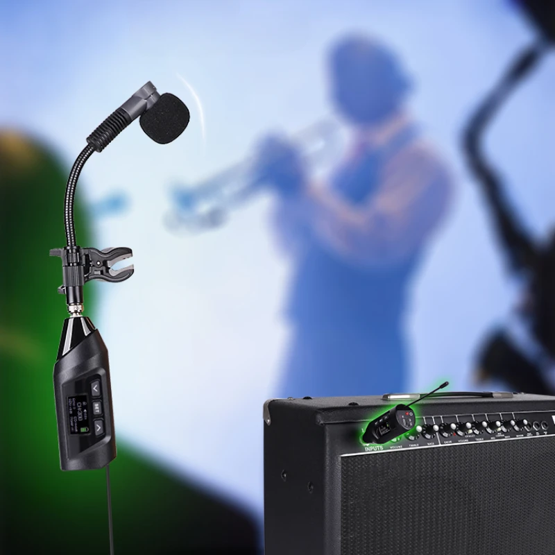 Instrument performance wireless microphone audio transmission reception saxophone violin recorder guitar lithium battery