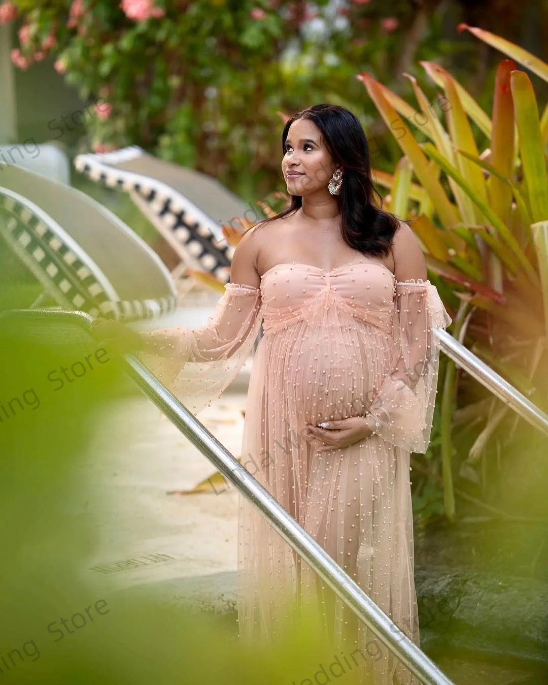 Gaun Hamil Merah Muda Berdebu untuk Wanita Gaun Baby Shower Celah Depan Panjang Vestidos De Gala Hamil Tulle Tipis Seksi Disesuaikan