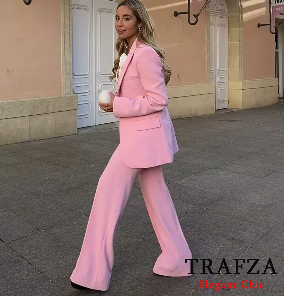 TRAFZA nuovo arrivo elegante abito da donna rosa pantaloni alla moda e Blazer a bottone singolo primavera autunno moda Blazer Suit