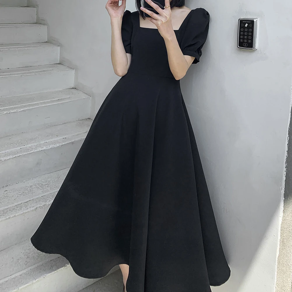 فستان نسائي أنيق بأكمام منفوخة سوداء ، رقبة مربعة ، على شكل حرف A-line ، كاجوال ، أحادي اللون ، صيفي
