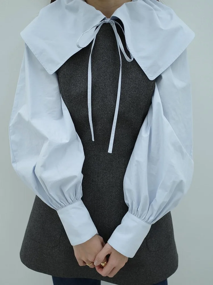 

Sweet Sle Long Sve Cotton irt Women's Doll Collar Tie Waist Design New Spring Fren Japanese Retro Clane Ha...