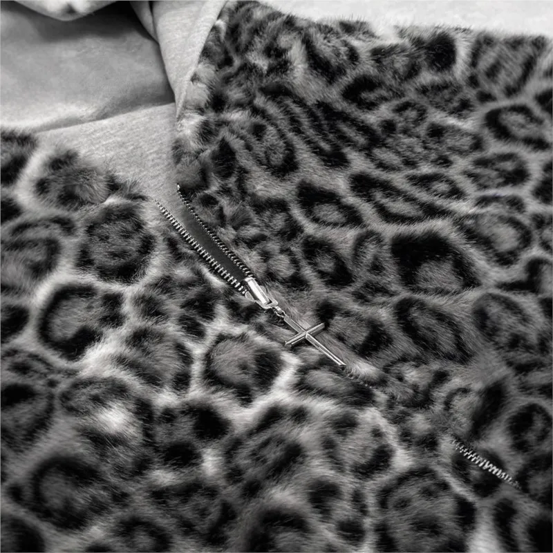 Street Hipster Hooded Fleece 2025 Autumn / Winter Both Sides Can Wear Leopard Restoring Ancient Ways Zipper Hoodie Pocket Blouse