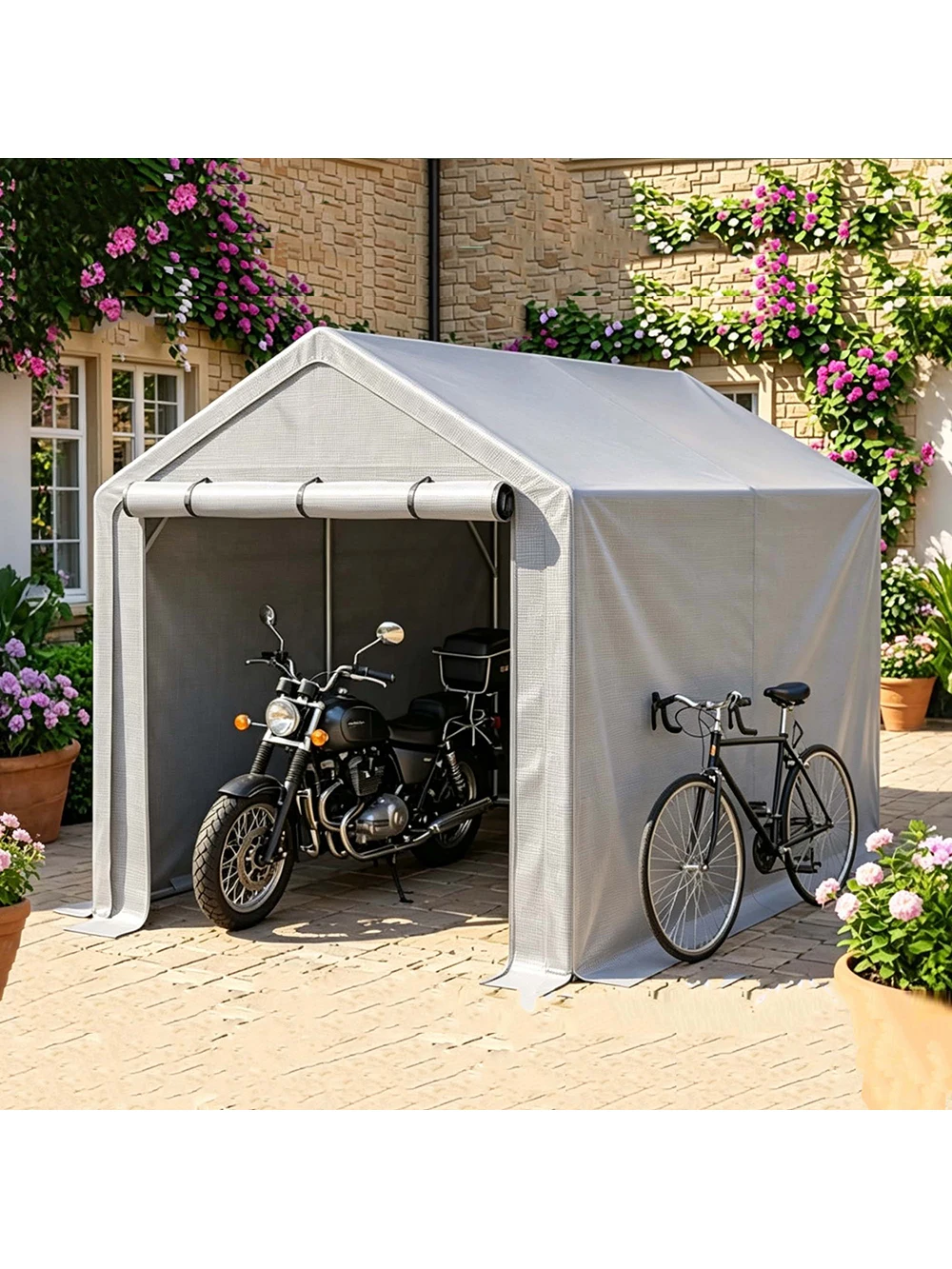 190×296×200cm Wasserdichter Carport, Outdoor-Lagerschuppen, UV-beständiges Outdoor-Lagerdach mit aufrollbaren Reißverschlusstüren, robustem verzinktem Metallrahmen, UV-beständigem und wasserdichtem