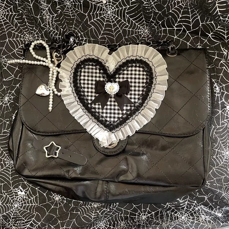 

Women Vintage Heart Handbag Design Korean Underarm Bag Female Retro Bow Lace Shoulder Bags Pu Leather Cute Brown Handbags 2025