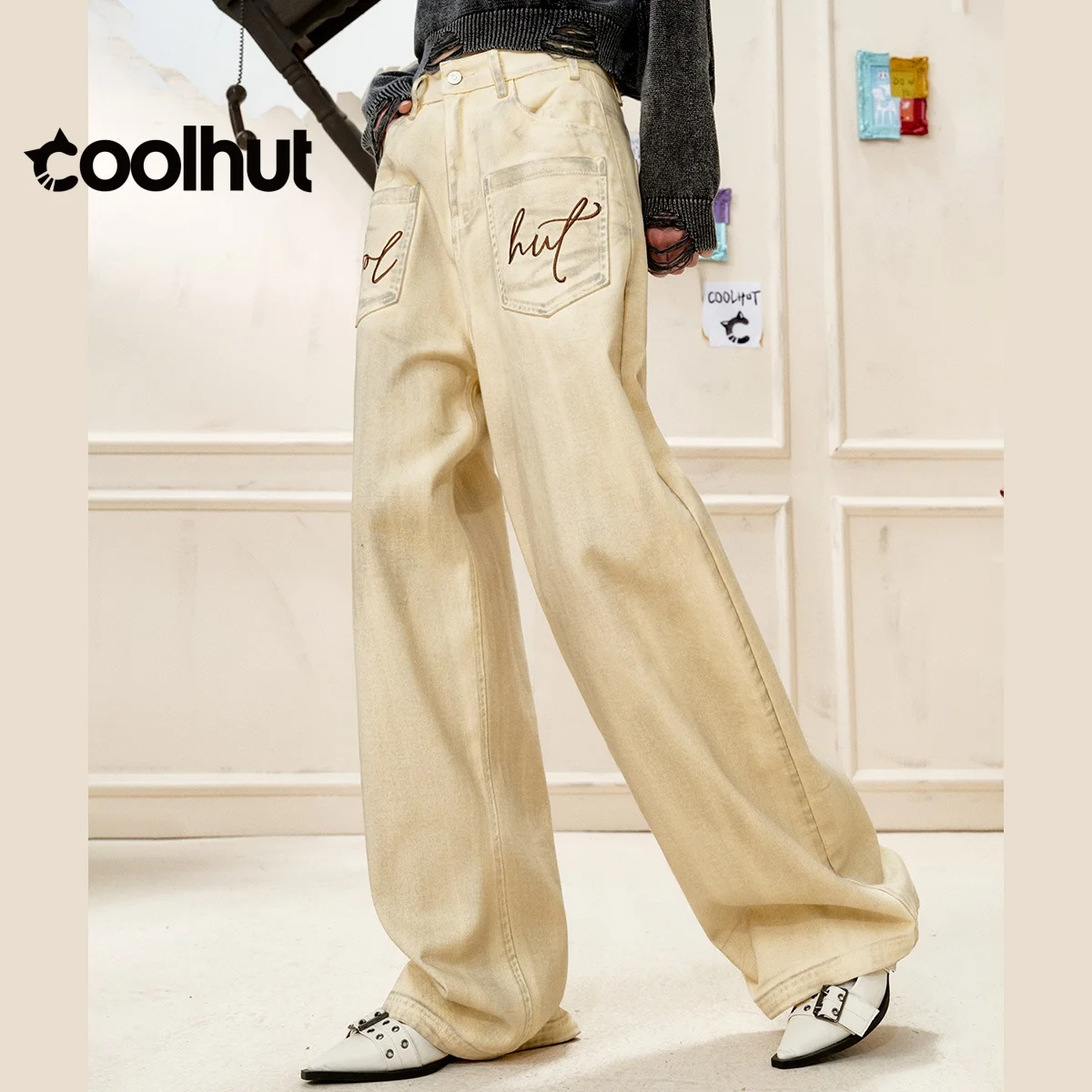 

COOLHUT 2025 Autumn High Waist Backless Dirty Look Distressed Straight Leg Jeans Women Oversized Y2K Vintage Denim Pants Trendy