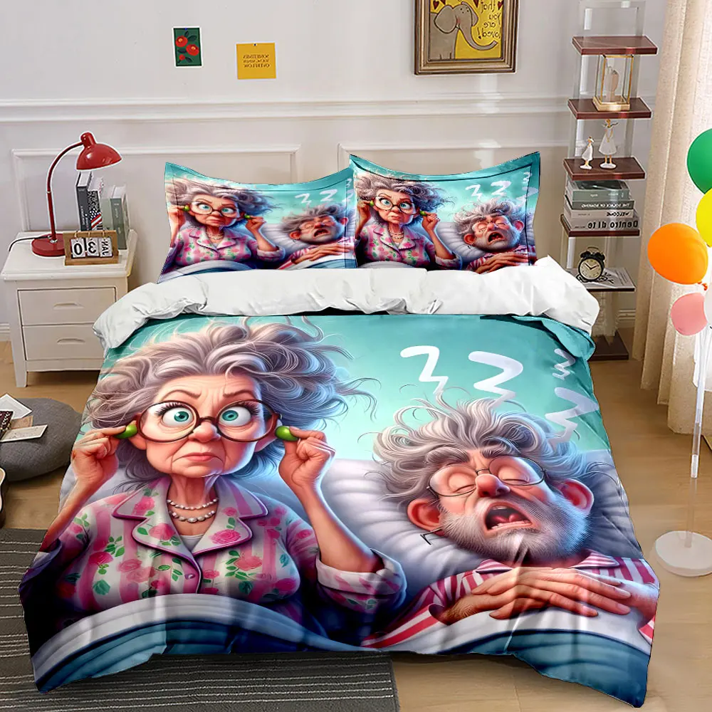 Elderly couple funny bedtime scene Printed Duvet Cover Set1 Duvet Cover+2 PillowcaseMulti Size Bedroom Bedding Decoration