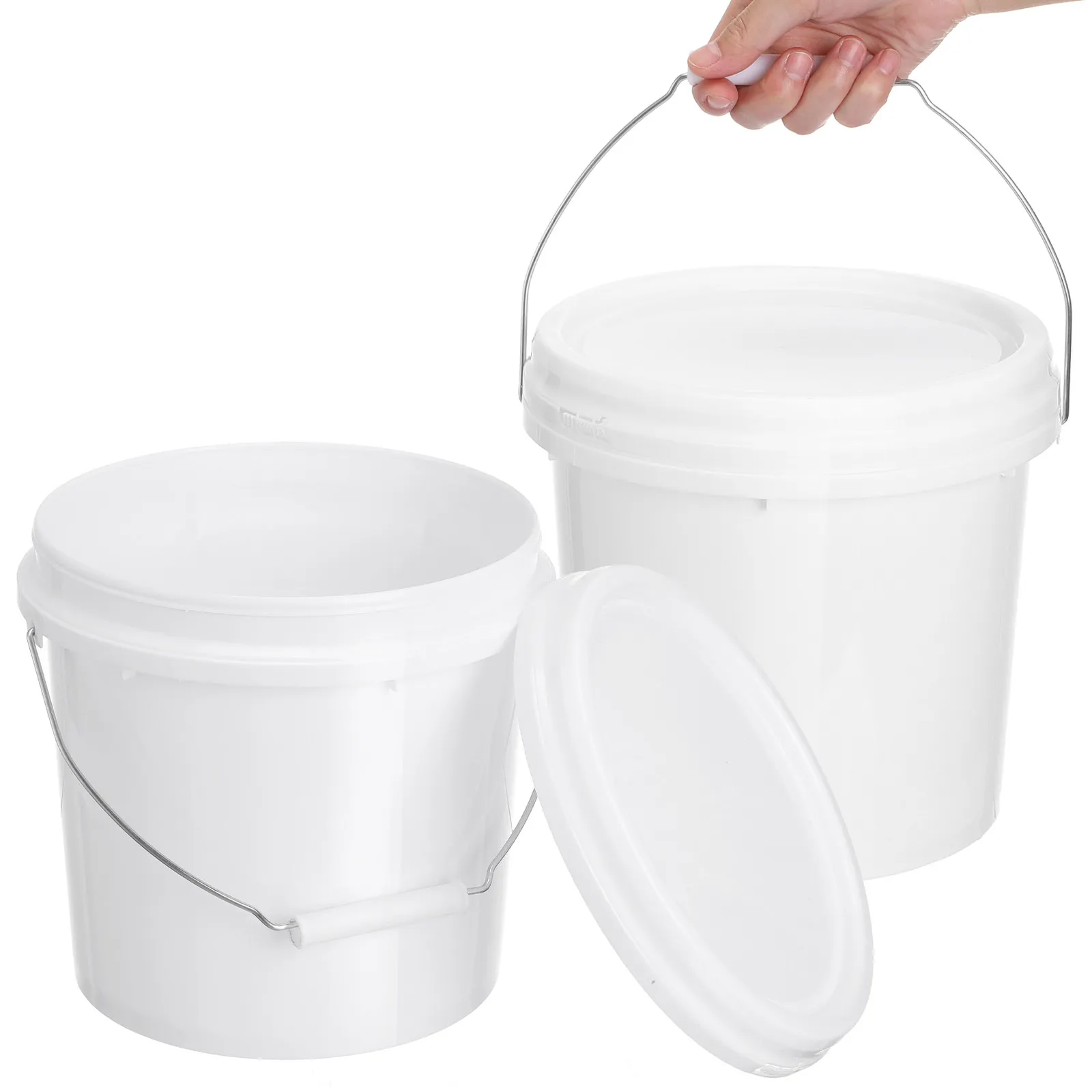 

2Pcs 5L White Plastic Bucket with Handle and Lid Heavy Duty Airtight Small Pail for Dog Food Storage Paint Water Fishing