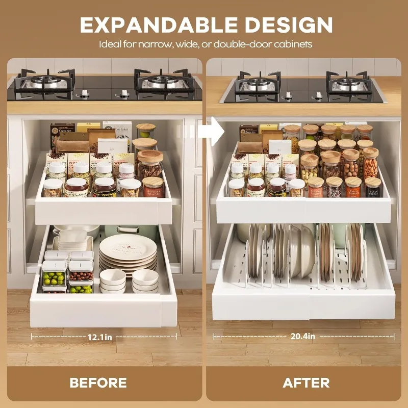 

2 Pack Pull out Cabinet Organizer 21"Deep With Raising Pad for Framed Cabinets, Expandable Slide out Drawers