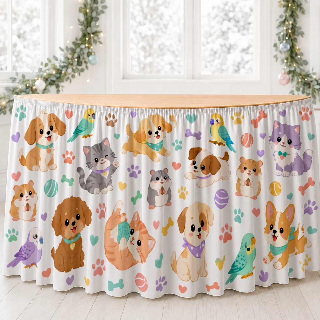 Cute Animal Printtablecover  tableskirt Featuring Puppies Kittens Parrots and Paw Prints Idealxzj