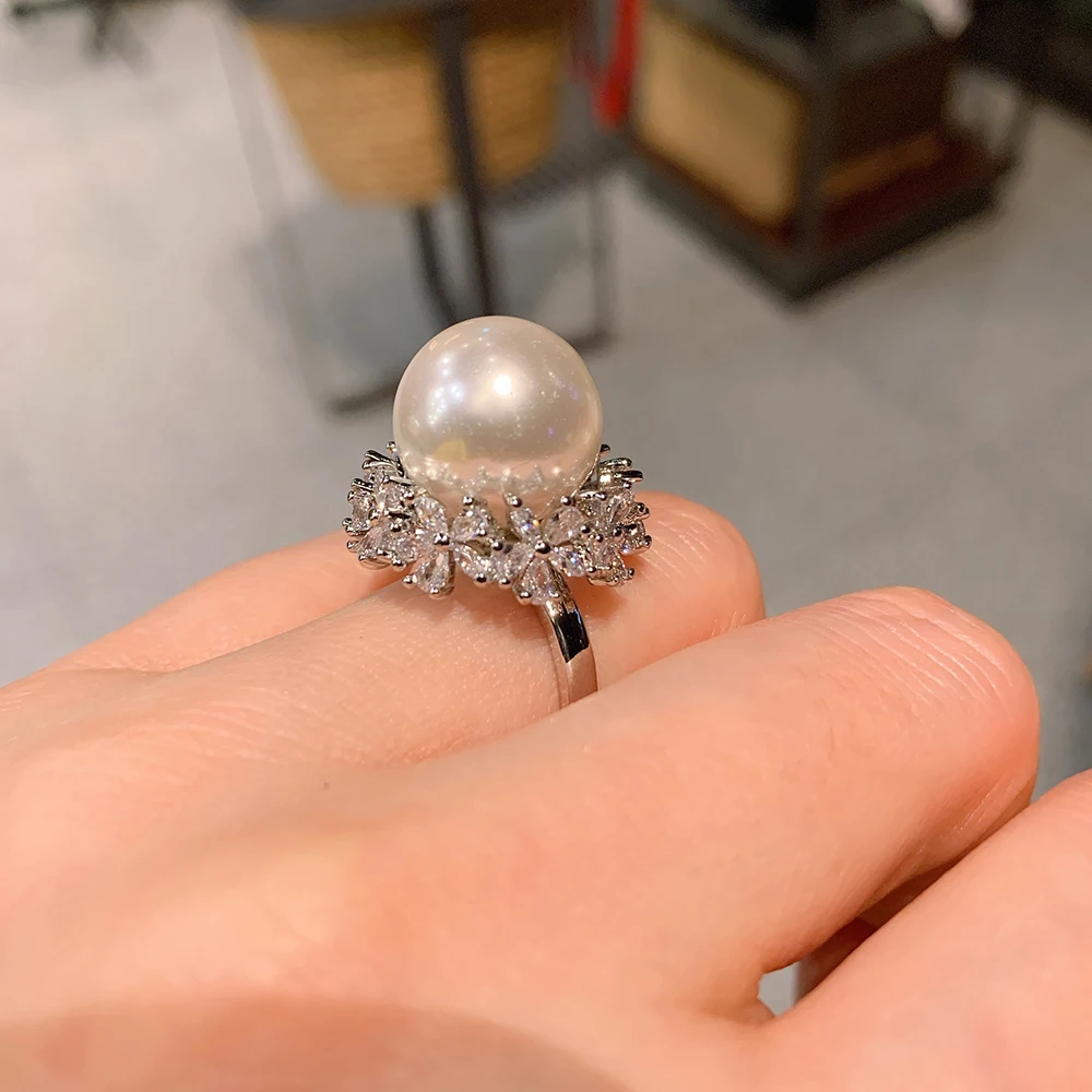 Luxury 14MM Big Pearl Flower Adjustable Rings for Women Lab Diamond Wedding Band Cocktail Party Fine Jewelry Charms Elegant Gift