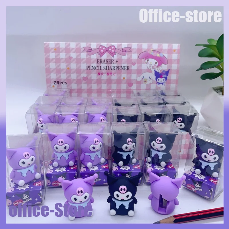 

New Cartoon Pencil Sharpener Eraser 2 In 1 24pcs Sanrio Kuromi Silicone Rubbers Eraser Pencil Sharpener School Supplies Gift