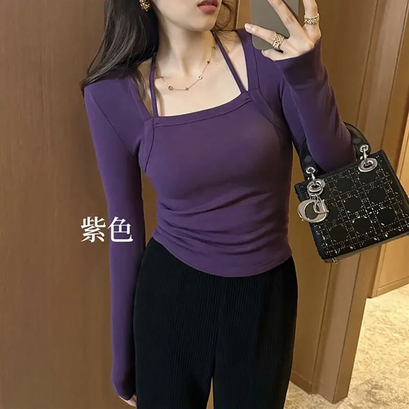 

2023 Thickened Design Top Female Sexy Pure Square Neck Long Sleeve Tops T-shirts Women Clothing Camisetas Mujer