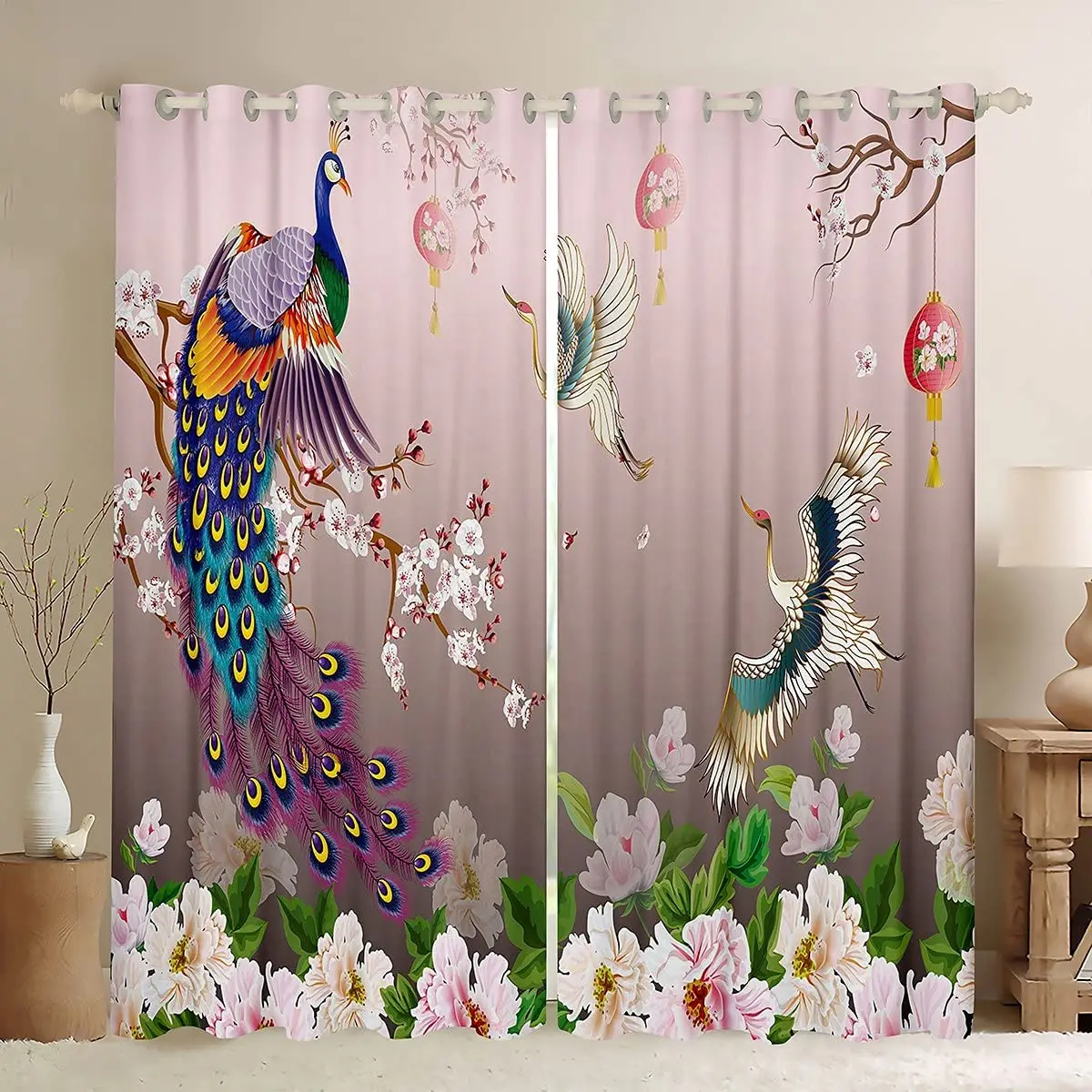 Japanese Crane Peacock Romance Theme Blackout Curtains 3D Print Window Curtains for Bedroom Living Room Decor Window Treatments