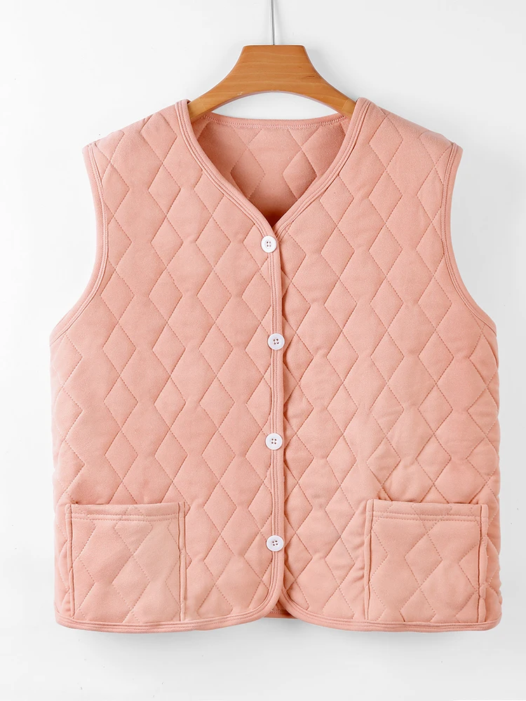 Women's Thiened Silk Cotton Vest Autumn Winter Warm Fitting Button up Cotton Vest Large Size Mommy Sle Polyester Triaceta...