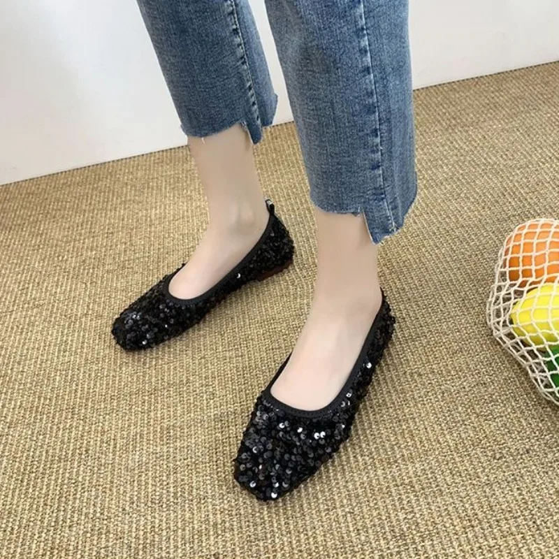 Women's Bean Slippers Low-Cut Flat Glitter Square Toe Soft Sole Fairy Core Korean Style 2026 Autumn Casual Comfortable Shoes