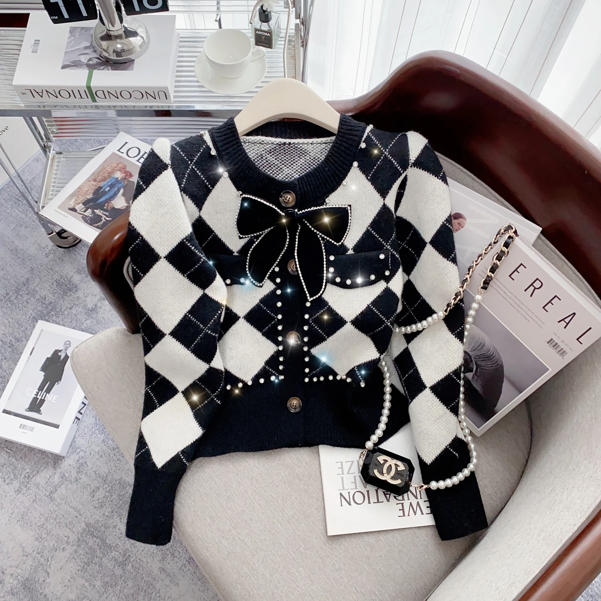 Argyle Knitted Thicken Sweater Cardigan Women 2022 Winter Bowtie Elegant Vintage Stylish Fashion Coat Jacket Long Sleeve Jumpers