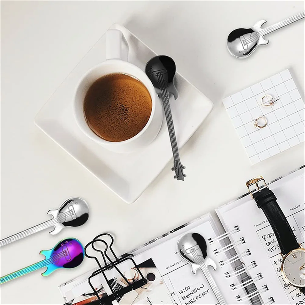 2024 Faroot Stainless Steel Spoon Tea Scoop for Stirring Drink Colorful Dessert Spoon Guitar Shape Coffee Teaspoon