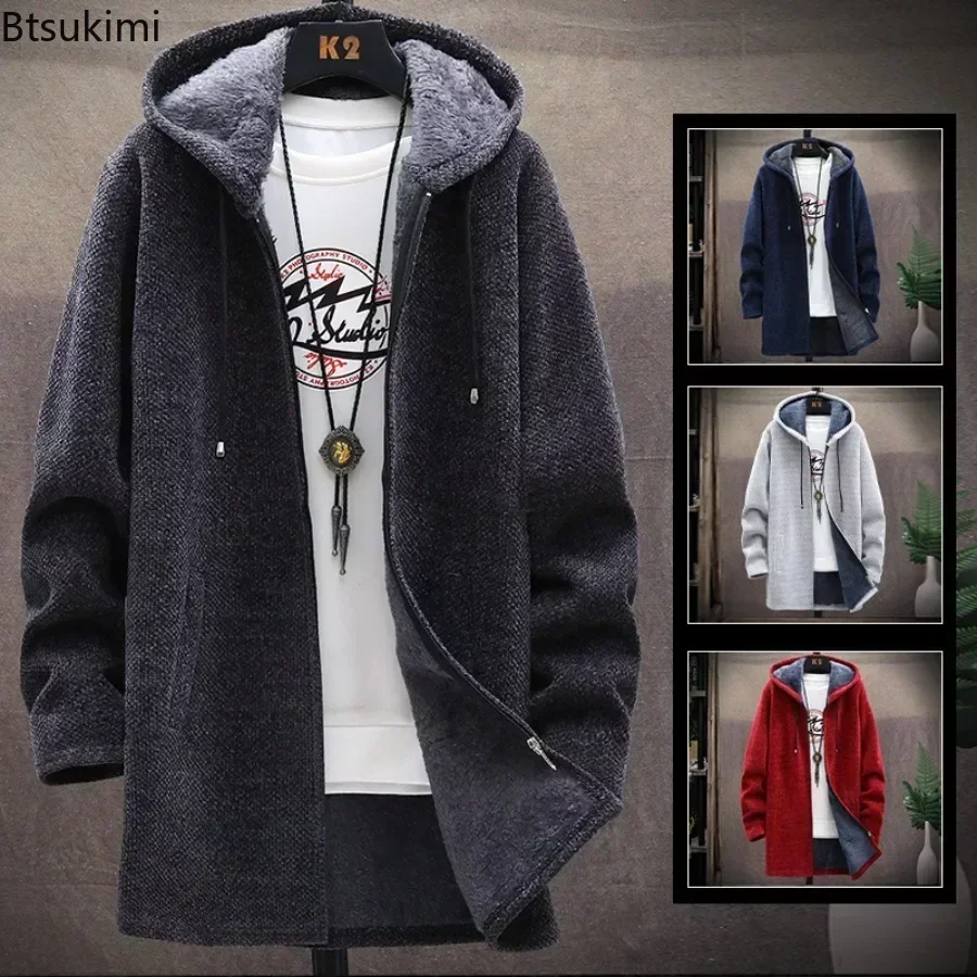 

2025 Men's Winter Thicken Sweatercoat Solid Fleece Warm Cardigan Jacket Fashion Slim Loose Long Hooded Sweater Outerwear for Men