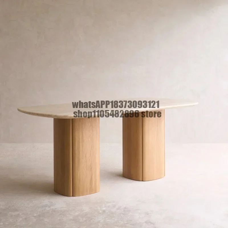 Natural marble dining table rectangular designer travertine light luxury high-end solid wood table legs eating table