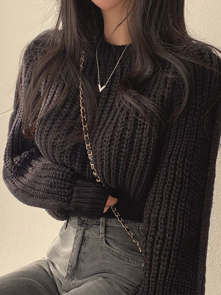 Loose Vintage Harajuku Lantern Long Sleeve Women Sweater Korean Autumn Winter Knitwear Soft Warm Tops Chic Solid Femme Sweater