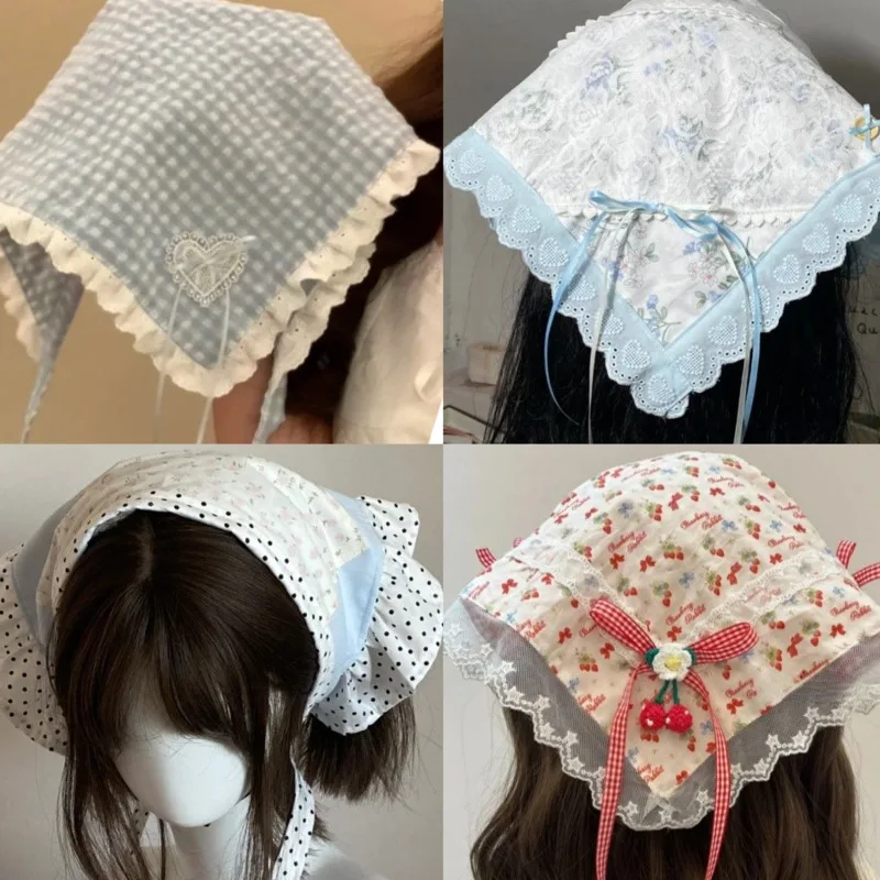 Girl's Beloved French Floral Sprout Silk Triangle Headscarf Sweet And Cute Countryside Style Hair Accessories New Headwear