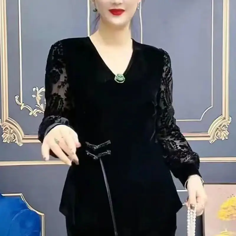 새로운 중국 스타일 속이 비치는 긴 소매 레이스 기모노 벨벳 탑, 엄마를 위한 봄 가을 슬리밍 베이스 레이어 아우터웨어 캐주얼 슬리