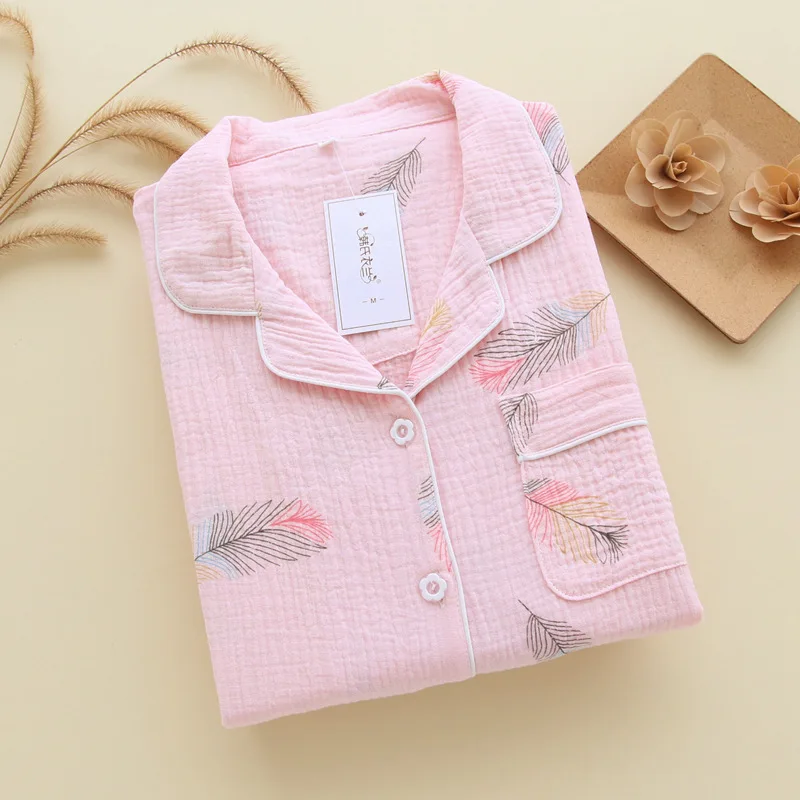 Women's Japanese Cotton Gauze Pajamas Set Long Sleeved Lightweight Cardigan and Crepe Loungewear for Spring Autumn Two Pieces