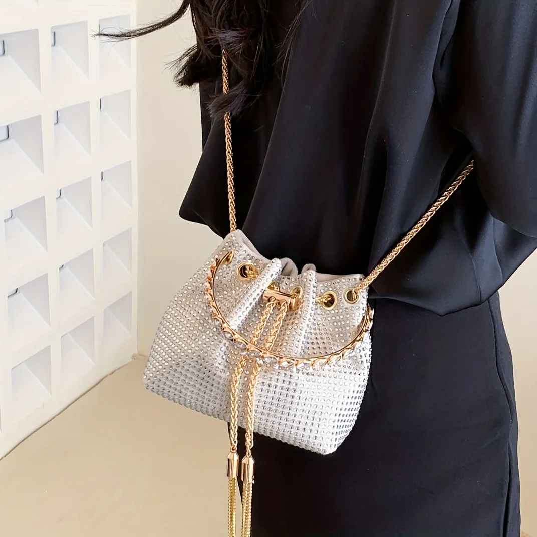 Elegant Sparkling Rhinestone Bucket Bag | Secure Drawstring Polka Dot Satchel | Luxury Evening Shoulder Chain Bag