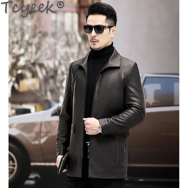 Tcyeek Genuine Leather Jacket Men 2025 Business Casual Goatskin Coats Autumn Man Clothes Mid-length Trench Coat Jaqueta Couro