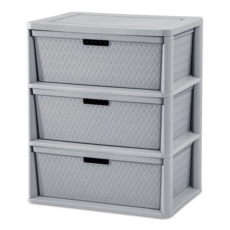 

Wide 3 Drawer Cross-Weave Tower Cement Decorative Plastic Bin Drawers with Handles Organize Clothes in Bedroom, Easy Assembly