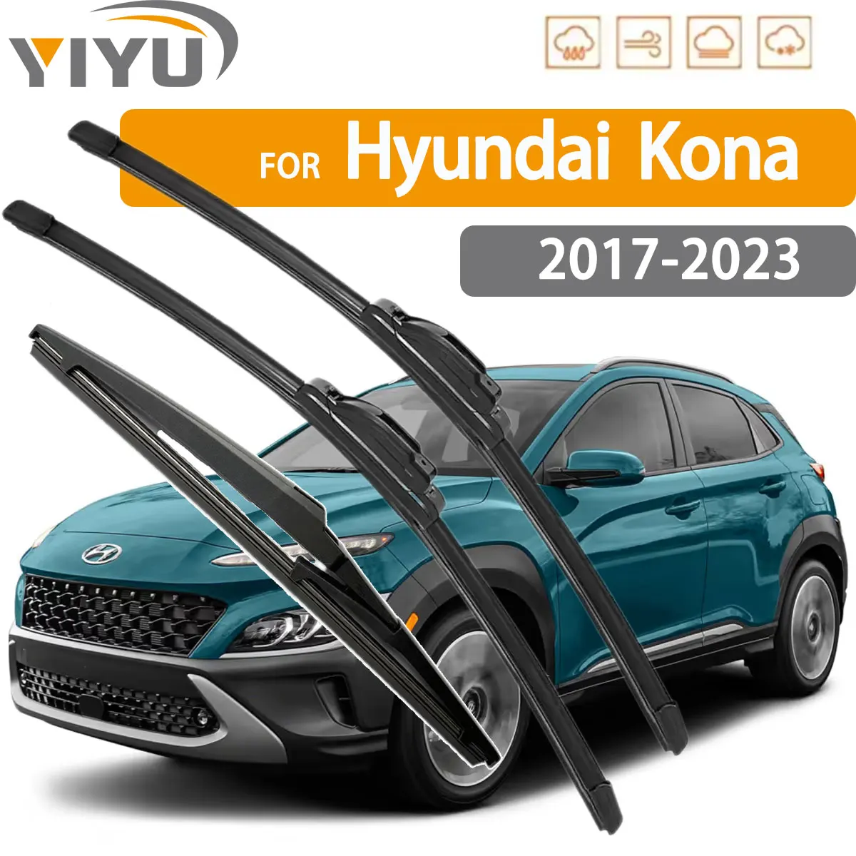 3PCS Auto-Wischer für Hyundai Kona 2017-2023, vorne und hinten, Wischerblätter, Bürsten, Auto-Windschutzscheiben-Zubehör
