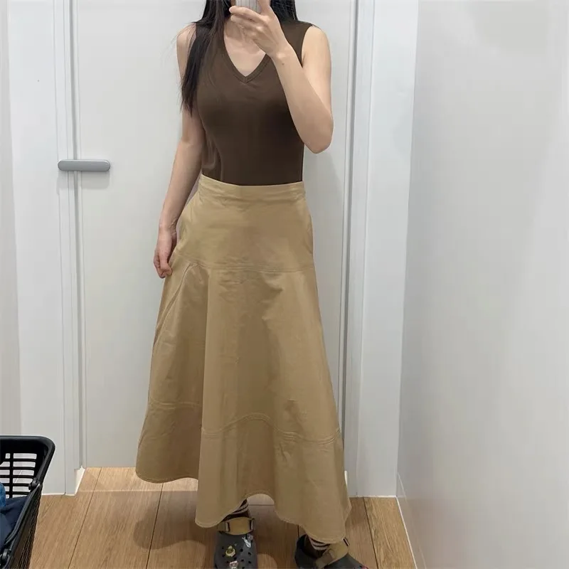 Basic Style Women's Cotton Blend Umbrella Skirt Slim Fit Midi Skirt Comfortable Versatile Spring Summer A-Line Skirt