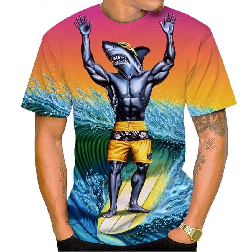 New Hot Shark Surf Shark 3D Printed Men's Round Neck Short Sleeve T-shirt Fashion Casual Harajuku Style Shark Art Short Sleeve T