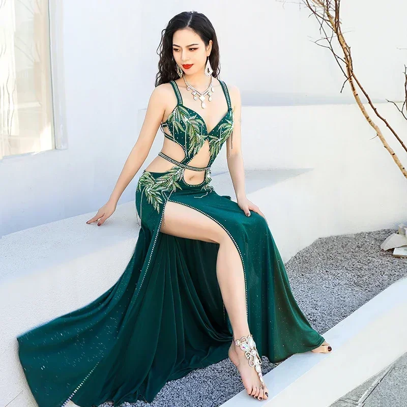 Набор для танца живота, корсет со стразами, длинный костюм с разрезом для катания на лыжах, для женщин и взрослых