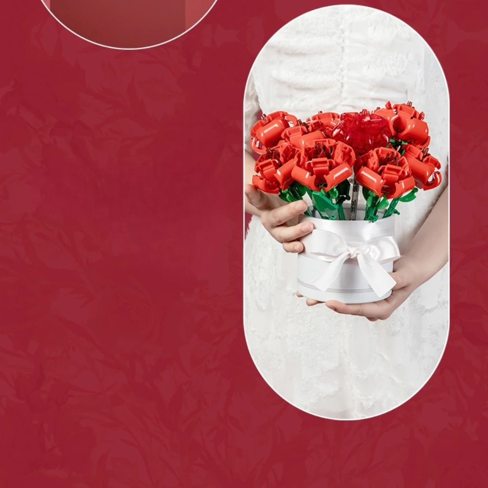 MOC الأبدية الورد الأحمر باقة الزفاف اللبنات مجموعة رومانسية الحب زهرة بوعاء النبات لعبة الأطفال هدية عيد الحب #4