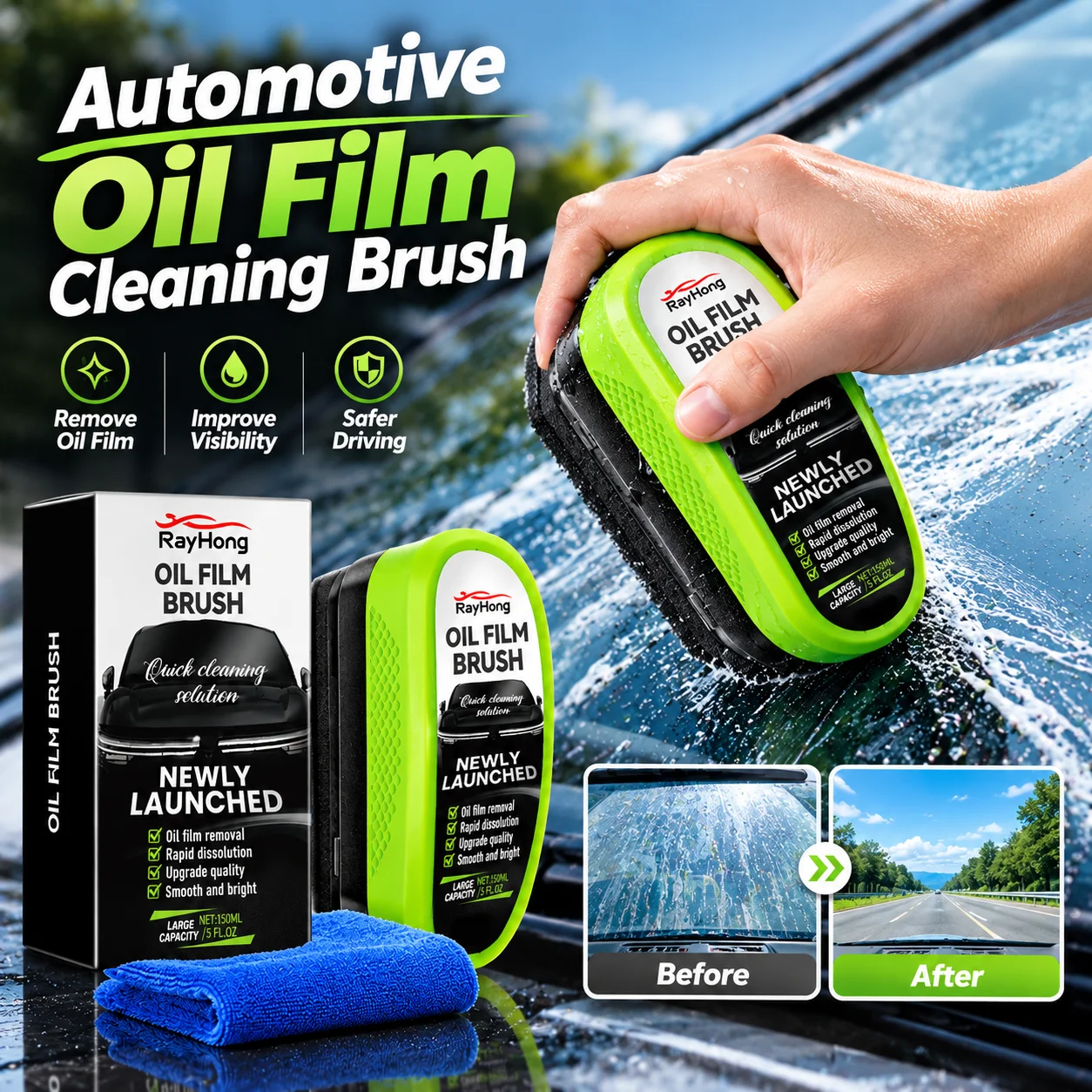 Auto Oil Film Cleaning Brush,Car Glass Oil Film Wipe,Front Windshield Side Window Oil Dirt Removal,Improve Clarity & Visibility